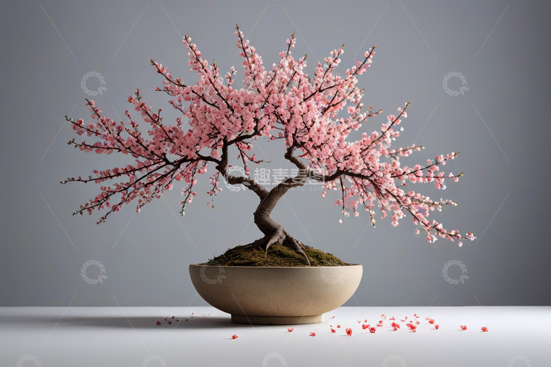 高清大图下载【趣麦麦图】粉色梅花盆景特写