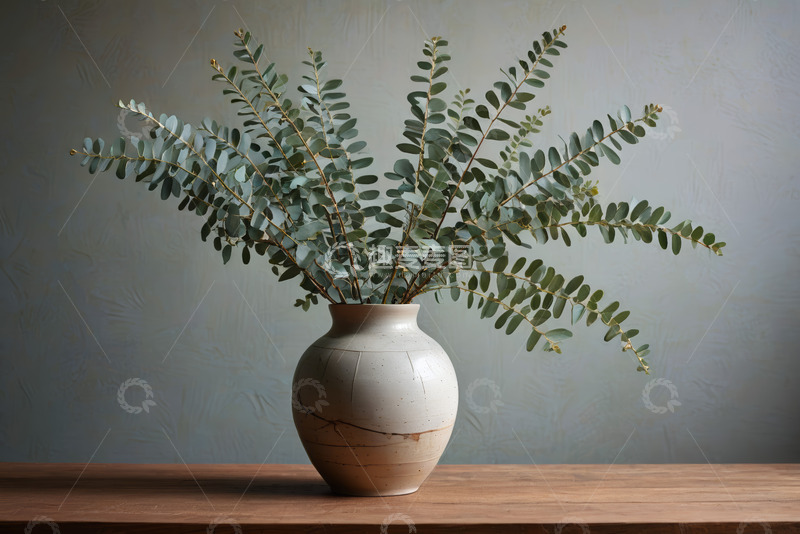 高清大图下载【趣麦麦图】木桌上花瓶插着绿叶植物