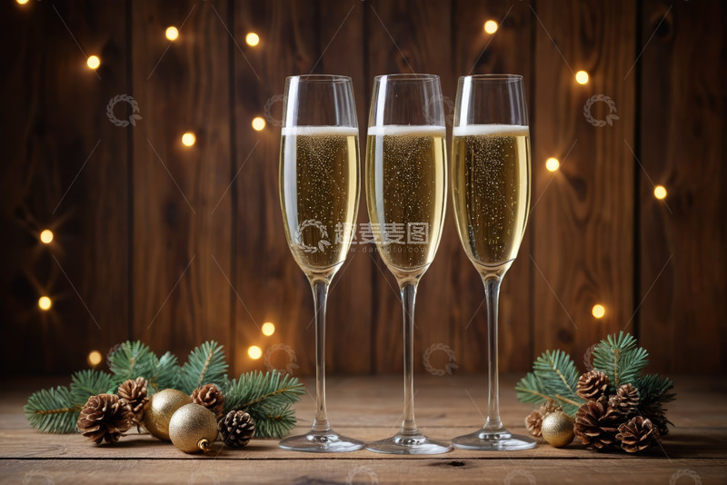 高清大图下载【趣麦麦图】木质背景香槟酒杯节日装饰