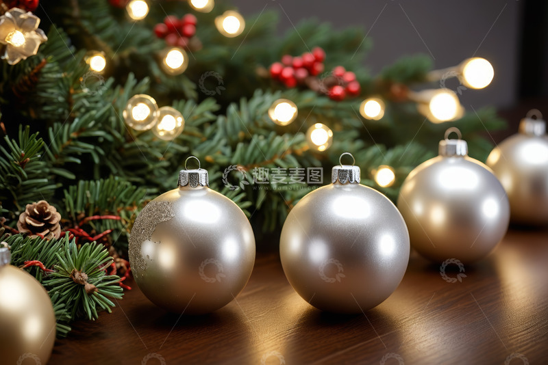 高清大图下载【趣麦麦图】圣诞装饰球与圣诞树背景