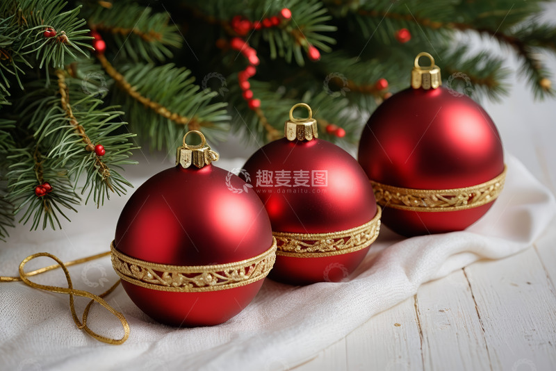 高清大图下载【趣麦麦图】红色圣诞装饰球与松枝