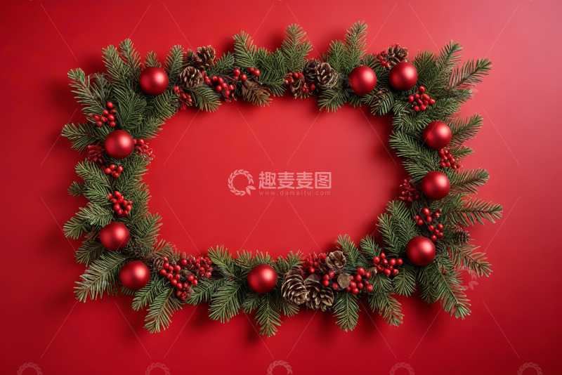 高清大图下载【趣麦麦图】红色背景圣诞装饰花环