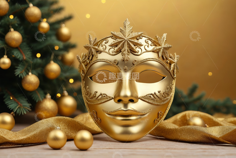 高清大图下载【趣麦麦图】圣诞装饰旁的金色面具