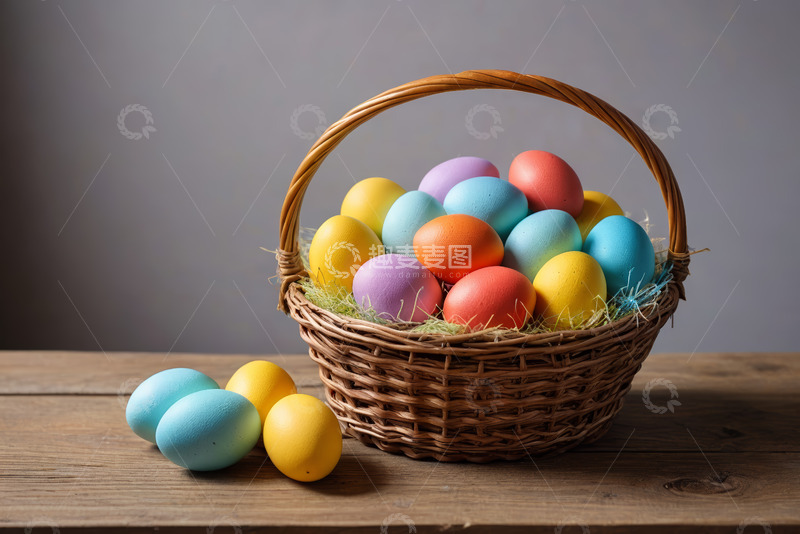 高清大图下载【趣麦麦图】篮子中盛放的彩色复活节鸡蛋