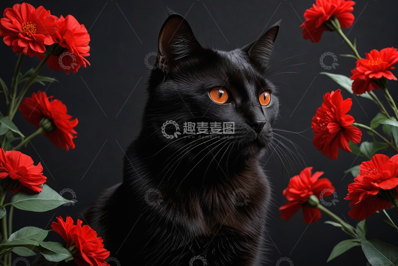 高清大图下载【趣麦麦图】黑猫与红色花卉特写