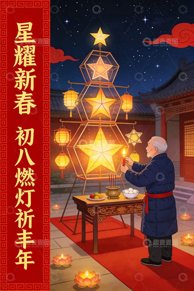 高清大图下载【趣麦麦图】新春佳节燃灯祈福插画