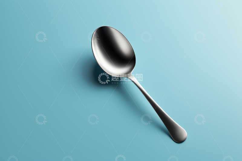 高清大图下载【趣麦麦图】蓝色背景上的金属勺子特写