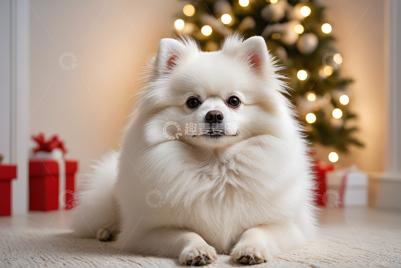 高清大图下载【趣麦麦图】圣诞节室内趴卧的白色宠物狗