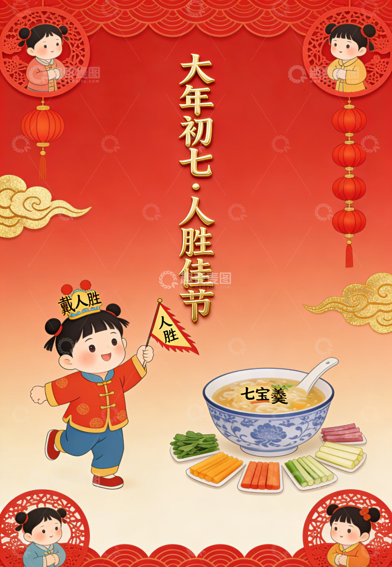 高清大图下载【趣麦麦图】人胜节喜庆中国风大年初七节庆海报