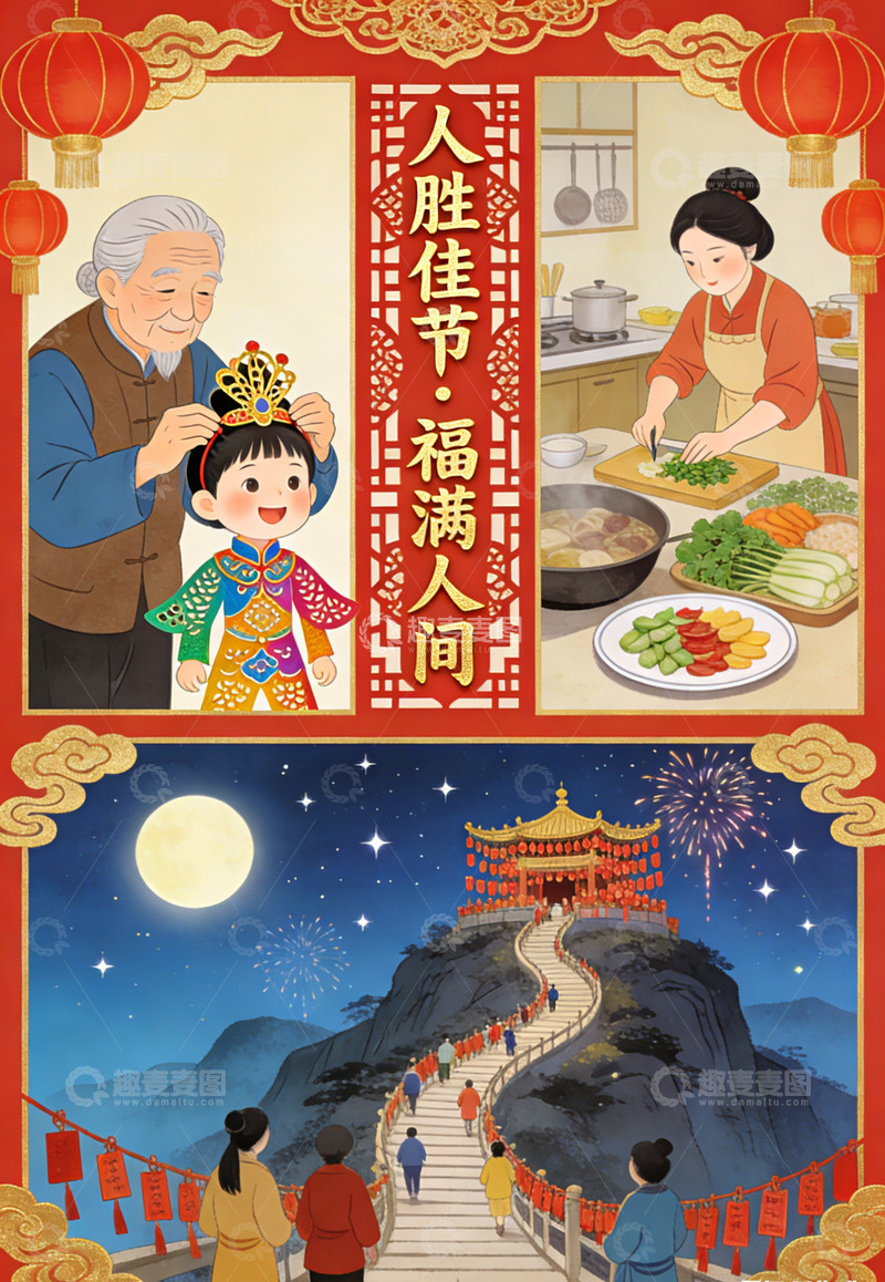 高清大图下载【趣麦麦图】人胜节中国风春节团圆插画