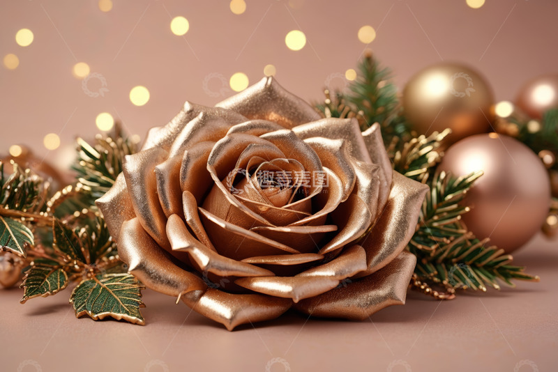 高清大图下载【趣麦麦图】金色玫瑰搭配圣诞装饰
