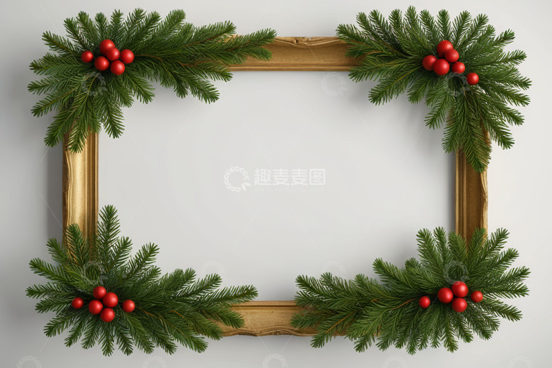 高清大图下载【趣麦麦图】金色相框搭配圣诞松枝装饰