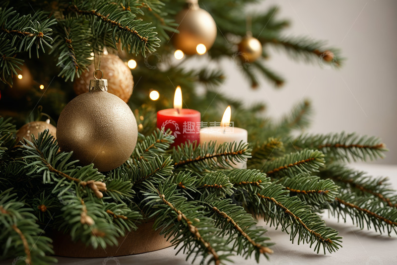 高清大图下载【趣麦麦图】圣诞树装饰与蜡烛特写