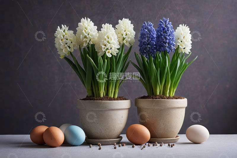 高清大图下载【趣麦麦图】花盆中盛开的风信子与鸡蛋
