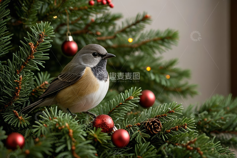 高清大图下载【趣麦麦图】圣诞树上栖息的小鸟