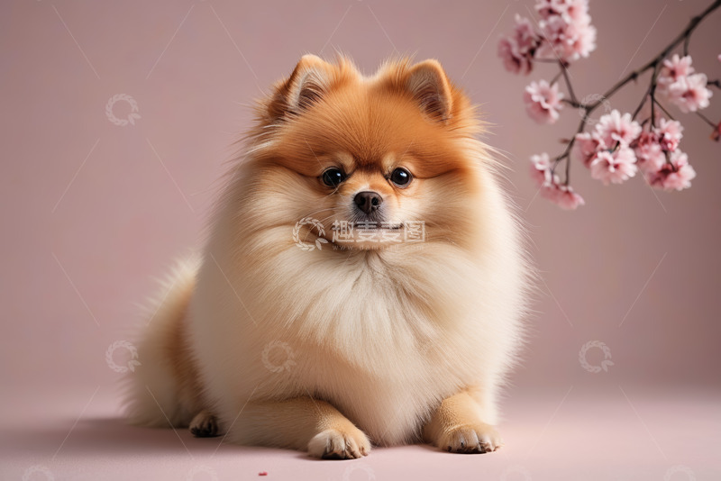 高清大图下载【趣麦麦图】博美犬与粉色背景及花枝合影