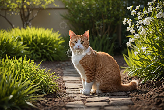 花园中坐着的橘白相间猫咪