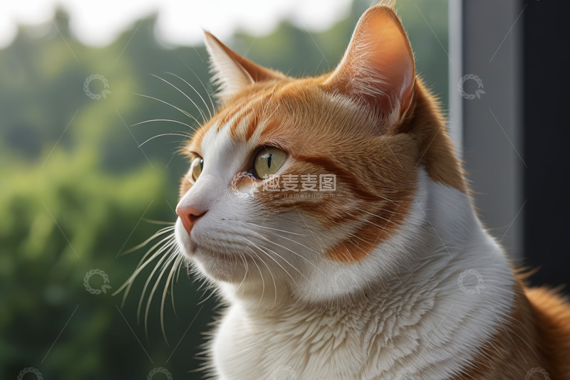 高清大图下载【趣麦麦图】窗边橘白相间猫咪特写