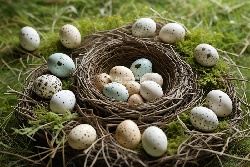 高清大图下载【趣麦麦图】草地上鸟巢与彩色鸟蛋