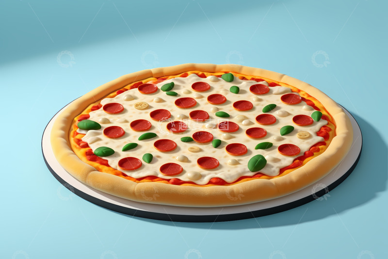 高清大图下载【趣麦麦图】蓝色背景上的意大利香肠比萨