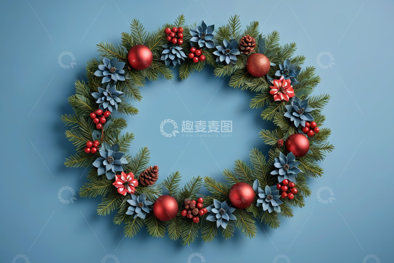 高清大图下载【趣麦麦图】蓝色背景圣诞花环装饰