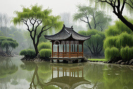 中式凉亭湖畔风景