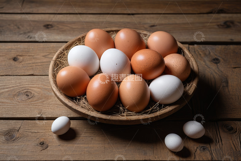 高清大图下载【趣麦麦图】木盘内摆放的新鲜鸡蛋