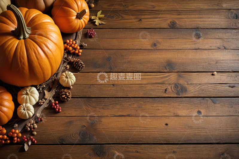 高清大图下载【趣麦麦图】木质背景上的南瓜及装饰