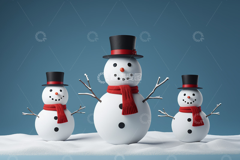 高清大图下载【趣麦麦图】三个戴帽围巾雪人雪景素材