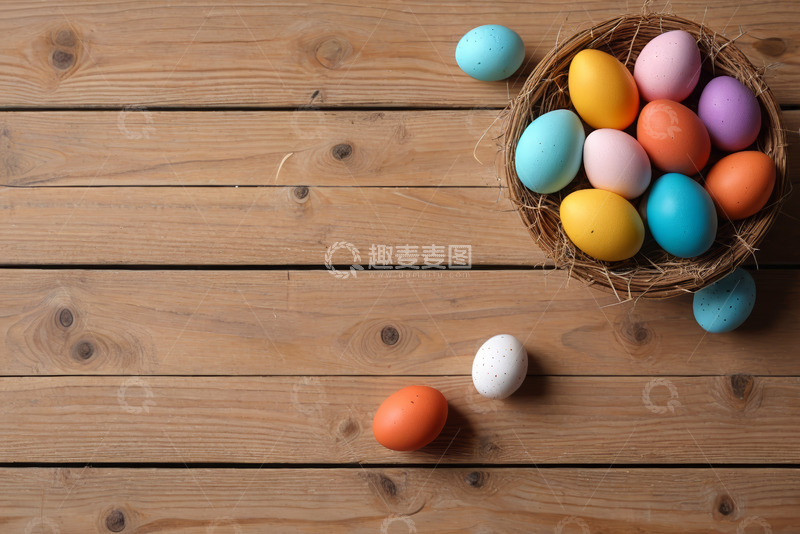 高清大图下载【趣麦麦图】木质背景上的复活节彩蛋