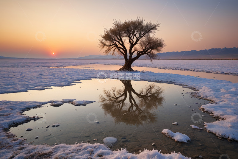 高清大图下载【趣麦麦图】雪原孤树日出倒影景观