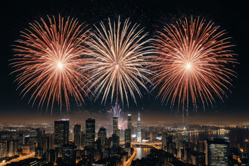 城市夜景烟花绽放画面