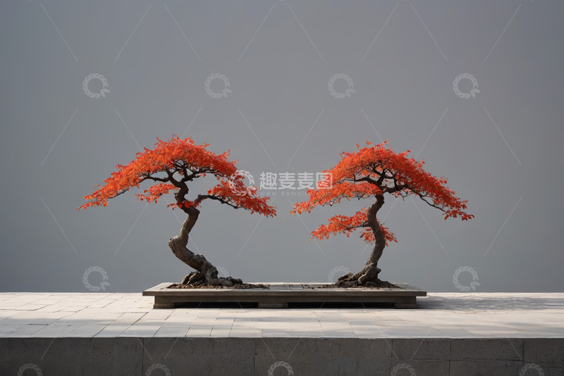 高清大图下载【趣麦麦图】两盆红枫盆景特写