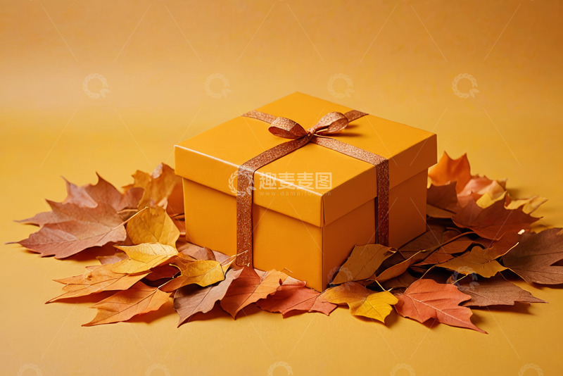 高清大图下载【趣麦麦图】黄色礼盒与秋叶静物素材