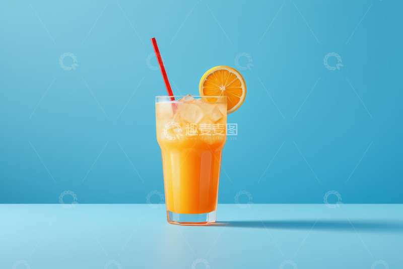 高清大图下载【趣麦麦图】蓝色背景橙汁饮品带吸管