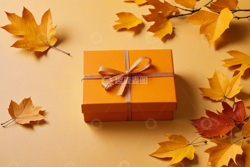 高清大图下载【趣麦麦图】橙色礼盒与秋叶静物素材