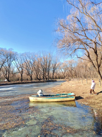 冬日冰湖小船与玩偶