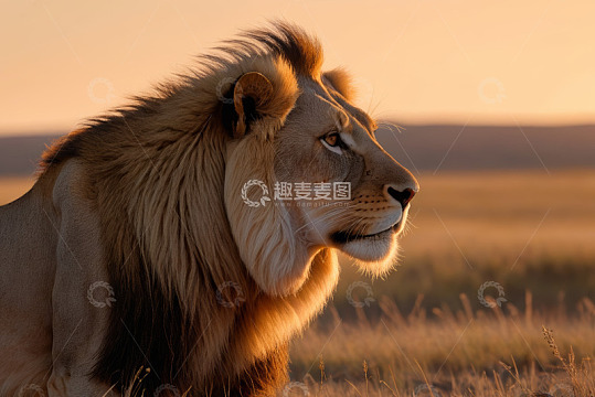 夕阳下草原上的雄狮侧影