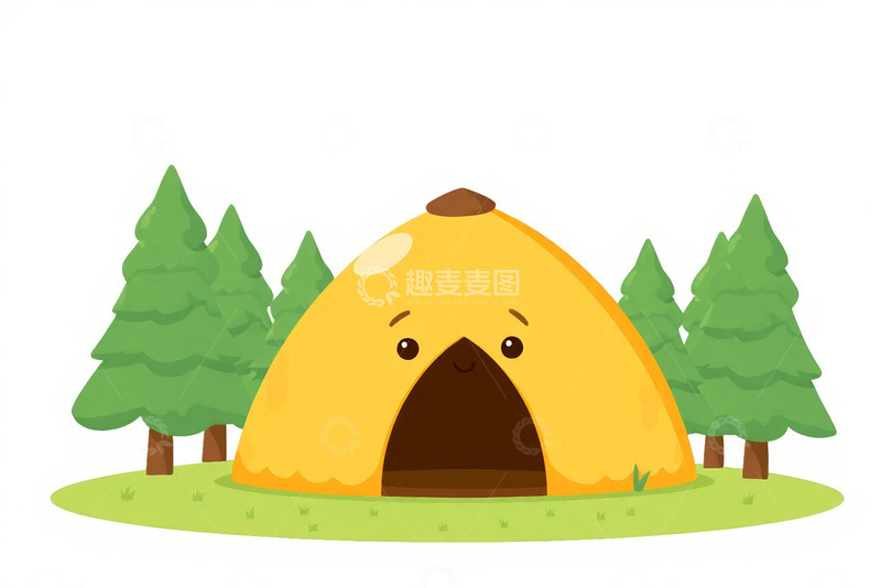 高清大图下载【趣麦麦图】卡通风格森林中的黄色帐篷