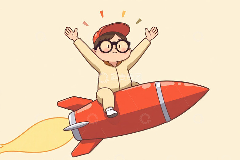 男孩骑红色火箭卡通插画