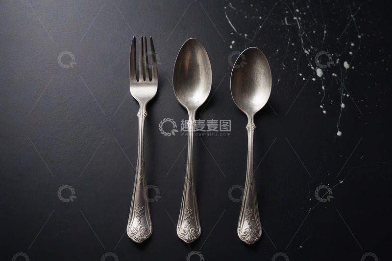 高清大图下载【趣麦麦图】黑色背景上的银质餐具