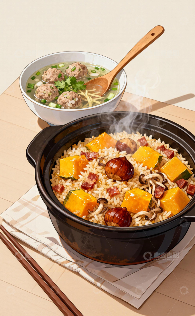 高清大图下载【趣麦麦图】插画风美食砂锅米饭汤品组合