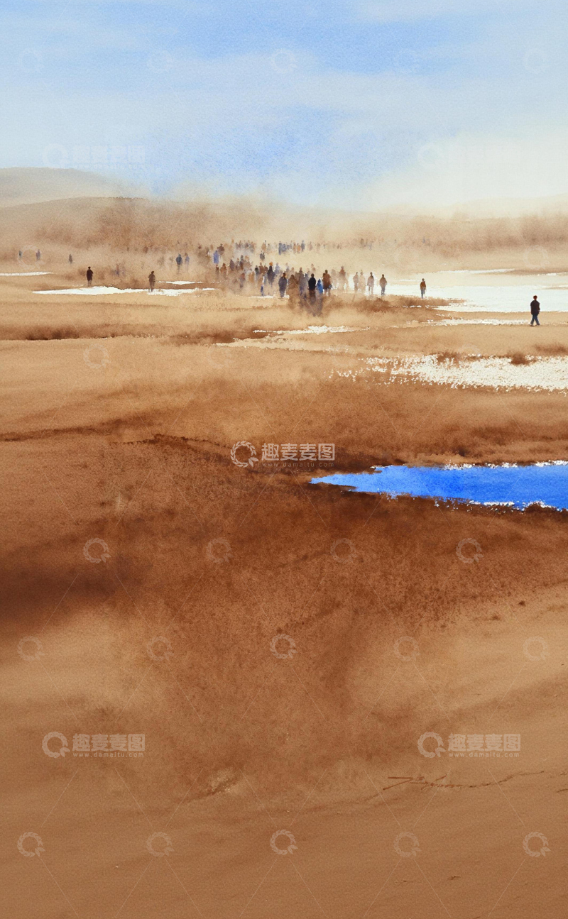 高清大图下载【趣麦麦图】水彩画沙漠远景人物景观