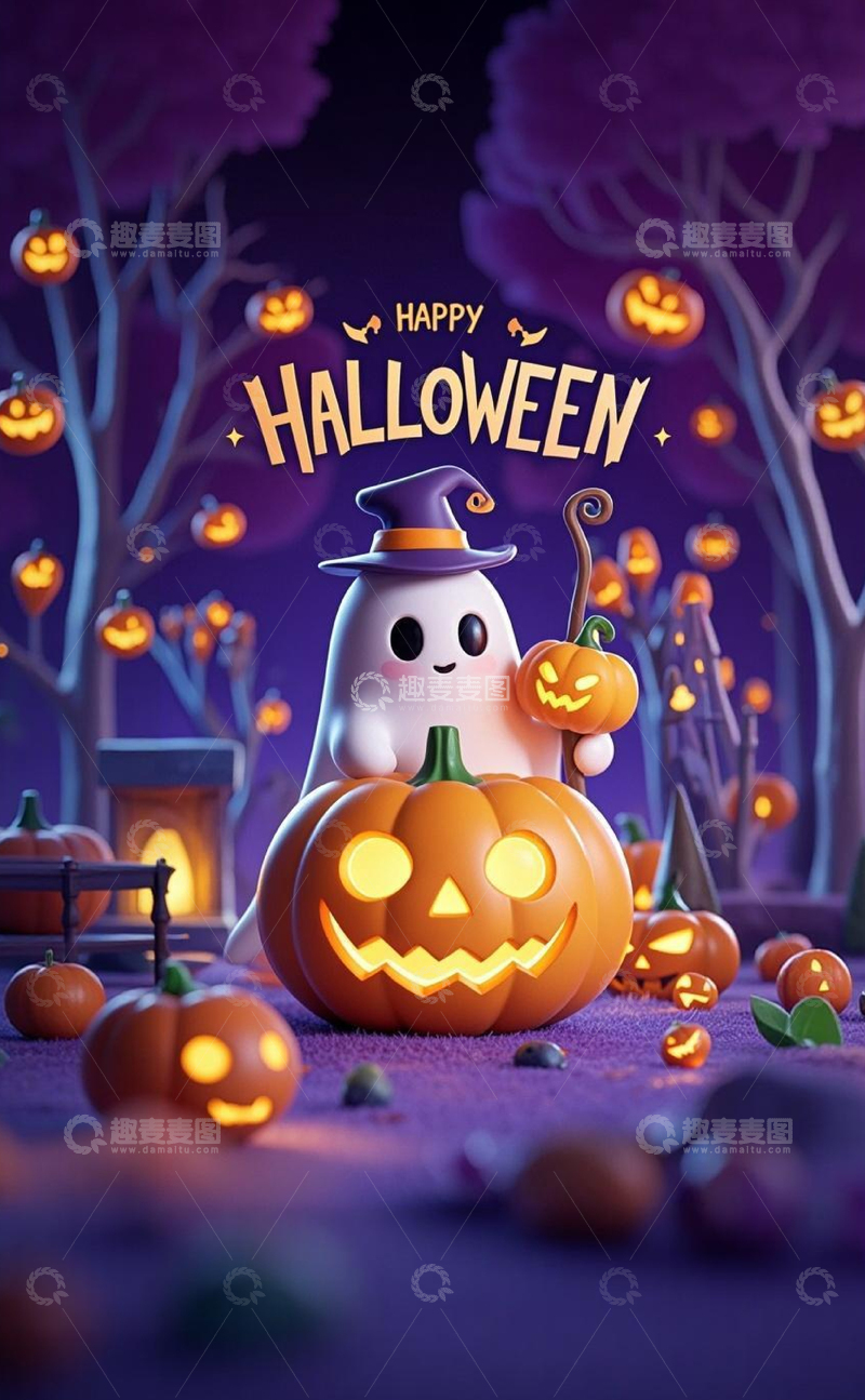 高清大图下载【趣麦麦图】万圣节卡通南瓜场景插画