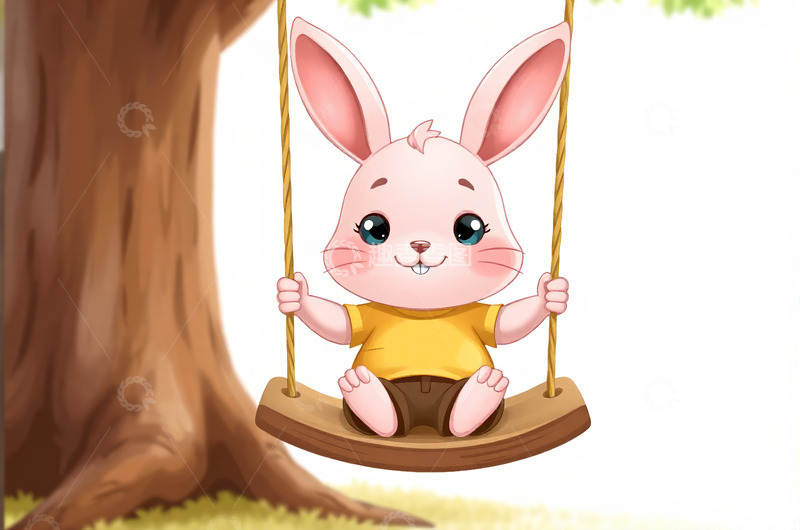 高清大图下载【趣麦麦图】卡通兔子坐在树下秋千上