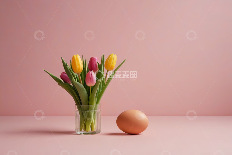 高清大图下载【趣麦麦图】玻璃花瓶中的多彩郁金香静物