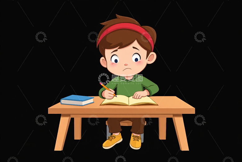 男孩坐在桌前握笔学习
