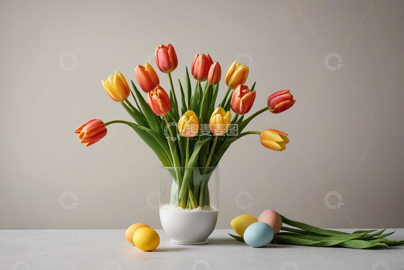 高清大图下载【趣麦麦图】玻璃花瓶中的红黄郁金香