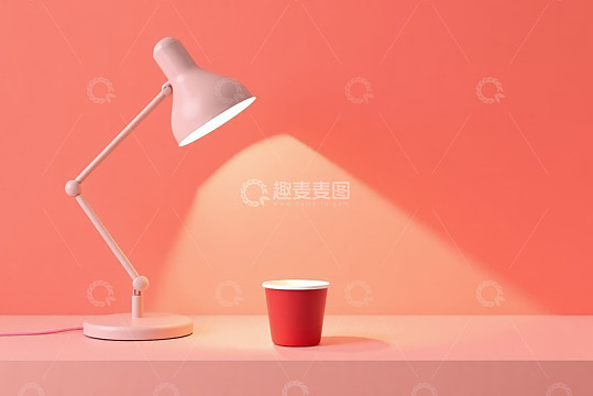 粉色台灯与红色纸杯静物场景