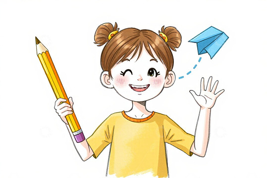 手持铅笔小女孩放飞纸飞机